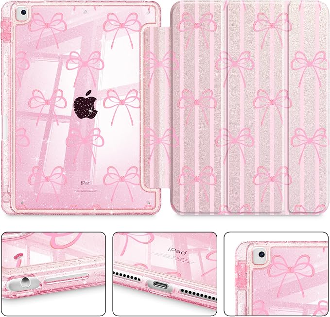 Mektron Sparkly Case for iPad 10.2 inch Glitter Tablet Cases for iPad 9th Gen 2021/8th Gen 2020/7th Gen 2019 Cover with Shiny Clear Back Shell Foldable Bling Smart Cover Blue Floral