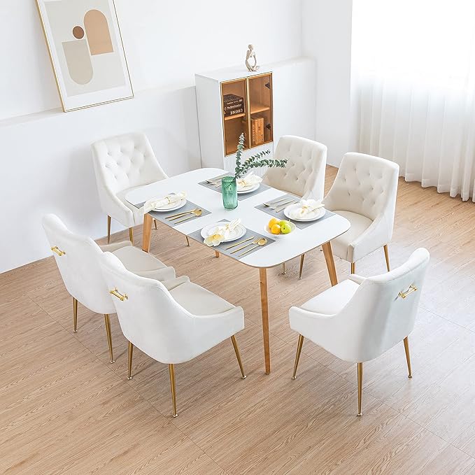 Modern Dining Chairs Set of 2, Mid Century Chairs with 5.12” Cushions and Golden Legs, Velvet Upholstered Dining Chairs with Back Pull Rod, for Kitchen, Living Room (Beige)