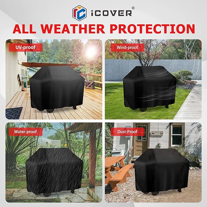 iCOVER Grill Cover, 60 inch BBQ Grill Cover for Outdoor Grill, Anti-UV & Fade Resistant Gas Grill Cover, Waterproof Barbecue Grill Covers for Weber, Char-Broil, Nexgrill and More, Black