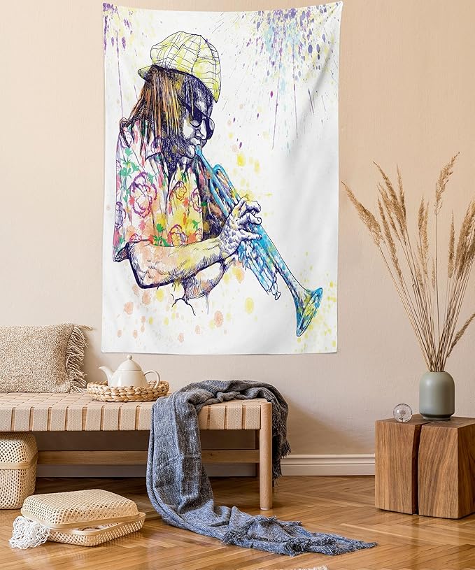 Ambesonne Jazz Music Tapestry, Illustration of Trumpeter with Paint Splashes at the Background Entertainment, Wall Hanging for Bedroom Living Room Dorm Decor, 40" X 60", Purple Yellow