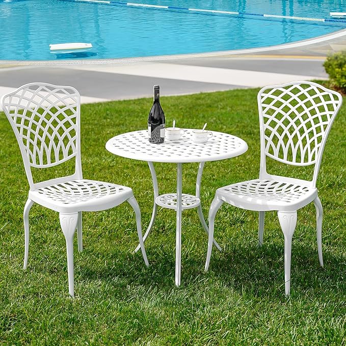 3 Piece Outdoor Bistro Set, Cast Aluminum Outdoor Bistro Table and Chairs Set of 2, Rust-Resistant Patio Furniture Set, White Bistro Set 3 Piece Outdoor for Garden, Backyard, Balcony