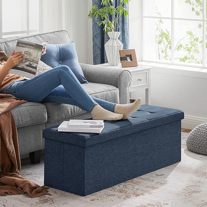 SONGMICS 43 Inches Folding Storage Ottoman Bench, Set of 2, Storage Chest, Foot Rest Stool, Bedroom Bench with Storage, Dark Blue, ULSF432Q01