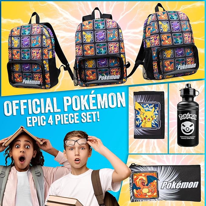 Pokemon Backpack Set 4 Pcs for Kids with Backpack Water Bottle Pencil Case Lunch Bag or Wallet Anime School Supplies Gifts (Multi 4 Pcs Set)