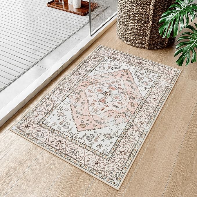 Lahome Boho Entryway Rugs Indoor - 2x3 Washable Area Rug Throw Small Rugs for Bedroom Girls Non-Slip Lightweight Bathroom, Vintage Print Floor Doormat Carpet for Kitchen Laundry Room (Pink, 2'x3')