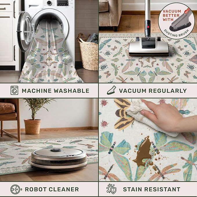 Washable Boho Bathroom Rug 2x3, Small Throw Rugs for Kitchen, Powder Room, Front Door Indoor Entrance, Non Slip Low Pile Stain Resistant, Dusty Green Colorful Cool Insect Aethestic