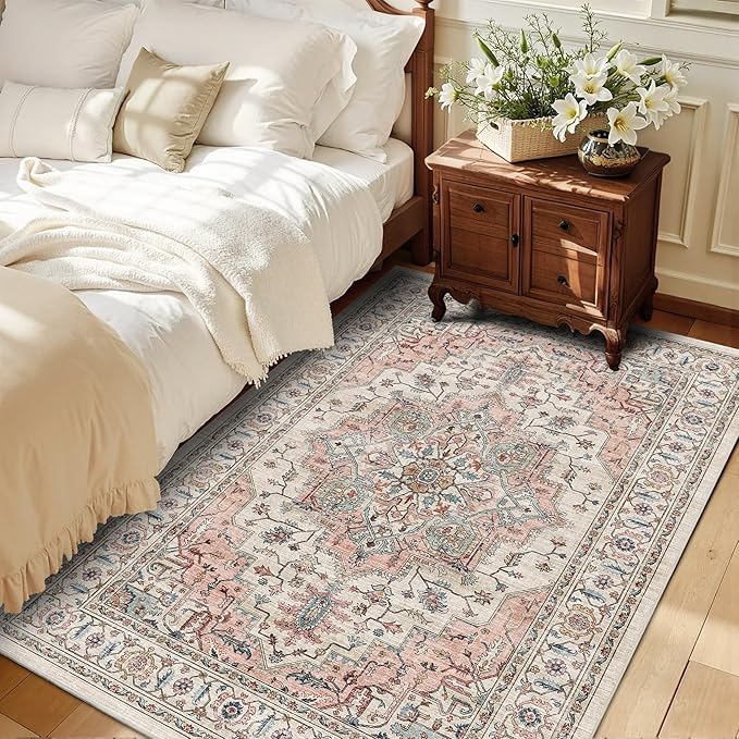 4x6 Area Rug for Bedroom Machine Washable Low Pile Vintage Distressed Rugs Stain Resistant Faux Wool Rug Ultra Soft Non-Slip Area Rugs for Living Room, Playroom, Kitchen,Home Office