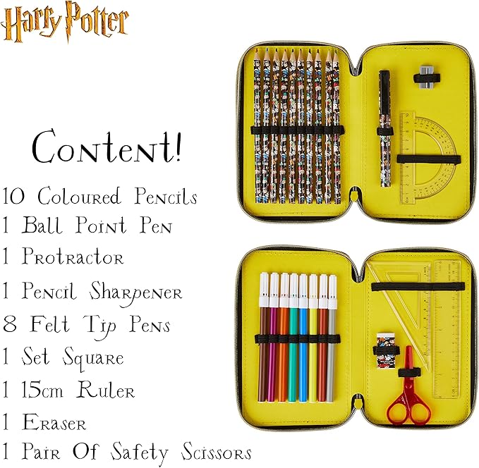 Harry Potter Gifts Pencil Case for Kids, Large Double Zip Organizer Pencil Pouch Filled with School Art Supplies, Stationery Set for Boys and Girls (Black AOP)