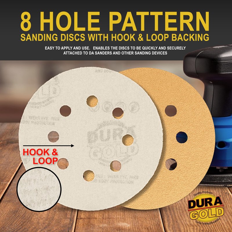Dura-Gold Premium - Variety Pack - 5" Gold Sanding Discs - 8-Hole Dustless Hook and Loop - 10 Each of Grit (60, 80, 120, 220, 320) - Box of 50 Sandpaper Finishing Discs for Woodworking or Automotive