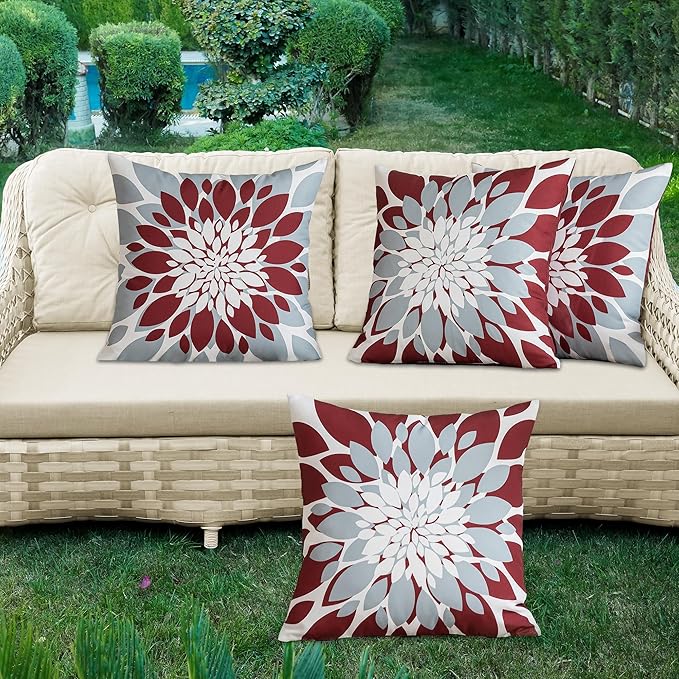 Qahing Pack of 4 Outdoor Waterproof Pillow Covers 16x16 Decorative Outdoor Throw Pillows Garden Square Cushion Cases for Patio Furniture, Couch, Tent Sunbrella, Bench, Burgundy Red Grey