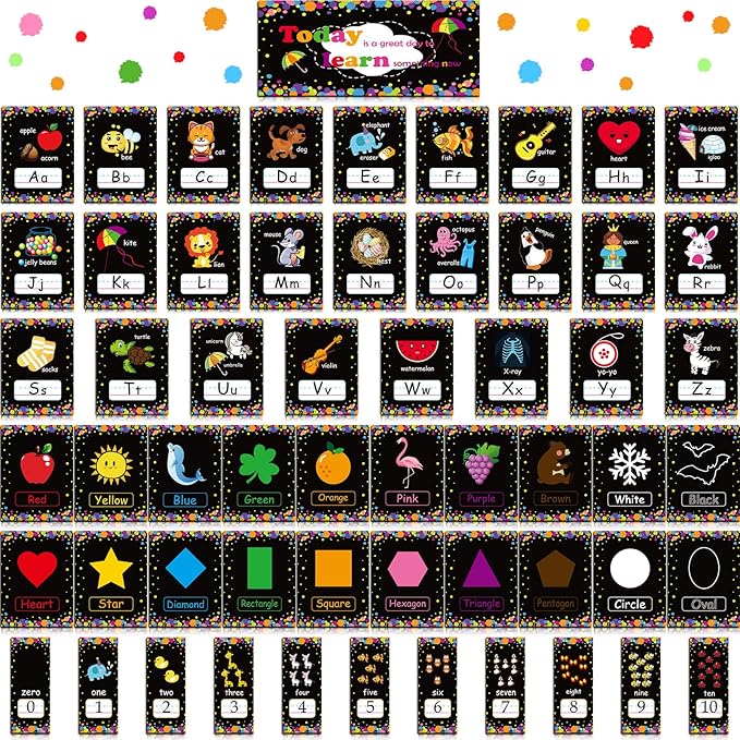 58 Pieces Educational Preschool Cards Kids Early Learning Poster Alphabet Number Colors and Shapes Bulletin Board Decoration Kindergarten Classroom Learning Card with Glue Point Dot (Cool Style)