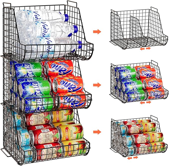Stacking Can Dispensers 3 Tier with 3 Divider, Large Pantry Can Organizer, Beverage Drink Pop Soda Can Storage Basket, Can Holders for Pantry, Canned Food Rack Wire Bins for Kitchen Cabinet (3-Pack)