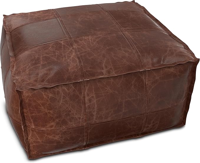 SIMPLIHOME Sheffield Coffee Table Pouf - 26 inch Wide Genuine Leather Square Ottoman in Distressed Brown, Boho-Style Footrest, Coffee Table, or Extra Seating for Living Room or Family Room, Assembled