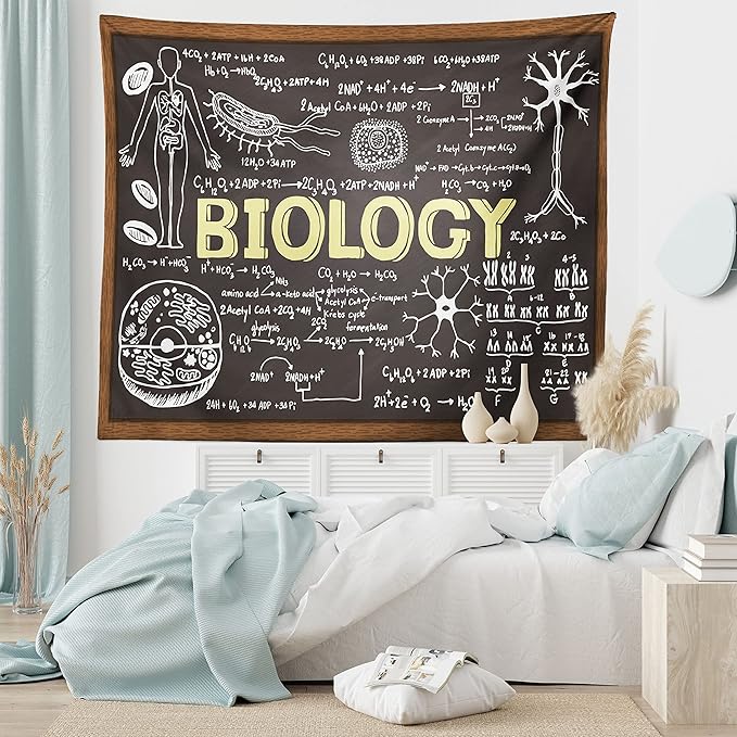 Ambesonne Science Tapestry, Black Chalkboard Biology Hand Written, Wide Wall Hanging for Bedroom Living Room Dorm, 80" X 60", Black Brown Pale Yellow