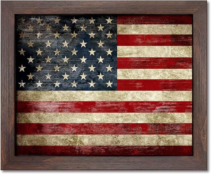 Wieco Art Old Vintage American Flag Wall Art Canvas Print Motivation Classroom Decor With Red Picture Frame and Real Glass Made to Display 5x7" with Mat or 8x10" Without Mat for Home Office Wall Decoration