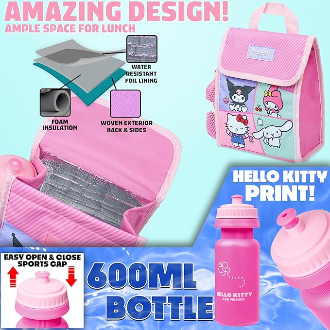 Hello Kitty Sanrio Backpack Set for Girls 4 Pcs Water Bottle Lunch Bag Pencil Case School Supplies Cinnamoroll Kuromi My Melody Gifts for Girls