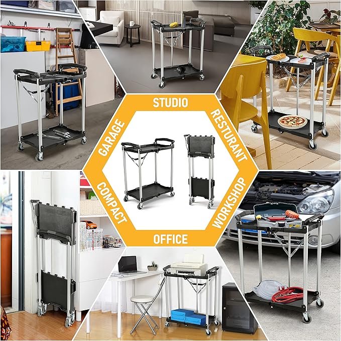 Olympia Tools 89-356 Pack-N-Roll Folding Collapsible Service Cart, Black, 50 Lb. Load Capacity per Shelf, 2-Layers