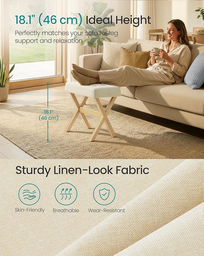 SONGMICS Makeup Stool, Padded Vanity Stool, Foot Rest, Solid Wood X Legs, for Bedroom, Closet, Entryway, 12.6 x 16.5 x 18.1 Inches, Summer Sand and Natural Beige ULSF006LF02
