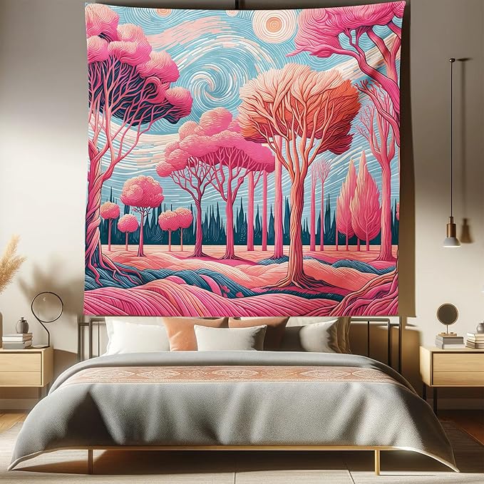 Ambesonne Trees Tapestry Queen Size, Surreal Post-Impressionism Themed Woodland of Dreamy Sky and Tree Pattern, Wall Hanging Bedspread Bed Cover Wall Decor, 88" X 88", Pink Coral Blue Grey