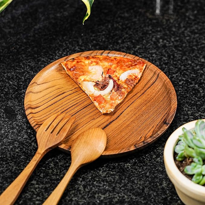 Rainforest Bowls Set of 2 8" Round Javanese Teak Wood Plates- Perfect for Everyday Use- Hot & Cold Friendly, Ultra-Durable, Premium Wooden Plates- Handcrafted by Indonesian Artisans