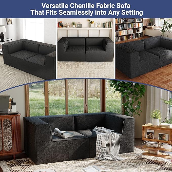 76" Sectional Compressed Sofa Modular Couches Loveseat 2 Deep Seat,High-Density Foam No Assembly Required,2-Piece(2xCorner) for Living Room Fabric Chenille Dark Grey