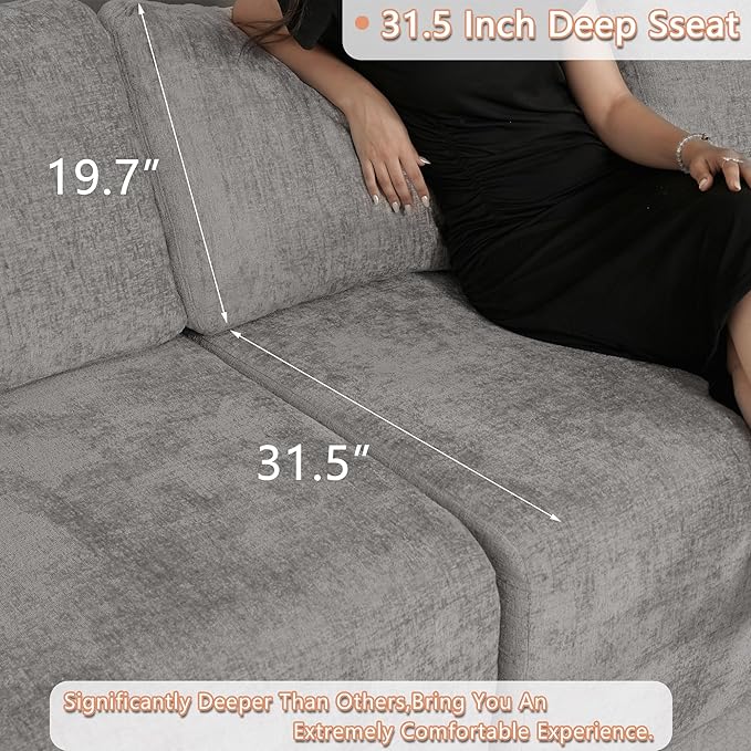 EASE MOOSE Sectional Cloud Couch Oversized for Living Room,7-Seat Modular Boneless Sofa U-Shaped Sofa with Ottoman, No-Assembly Chenille Couch, Light Grey