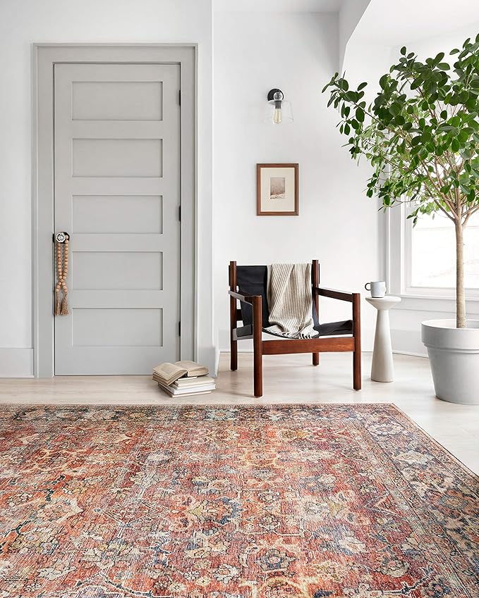 Loloi Layla Collection LAY-02 Spice/Marine 9'-0" x 12'-0" .13" Thick Area Rug, Soft, Durable, Vintage Inspired, Distressed, Low Pile, Non-Shedding, Easy Clean, Printed, Living Room Rug