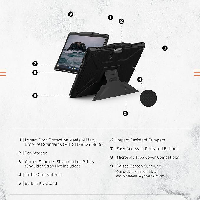 URBAN ARMOR GEAR UAG Designed for Microsoft Surface Pro 13 12/11 Edition Case with Built-in Kickstand &amp Pen Holder Compatible with Type Cover Keyboard Rugged Protective Cover Metropolis Black