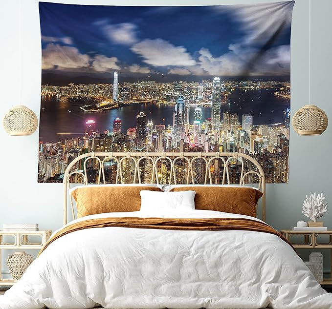 Ambesonne Cityscape Tapestry, Night View Hong Kong Victoria Harbor Business Financial District Cityscape Print, Fabric Wall Hanging Decor for Bedroom Living Room Dorm, 45" X 30", White Indigo