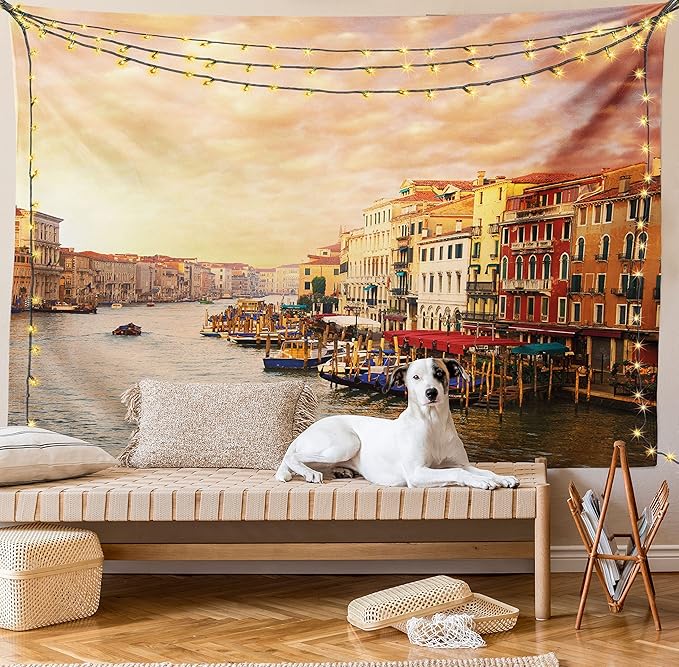 Ambesonne Scenery Tapestry, Venezia City Italian Landscape with Old Houses Gondollas and Spikes Image, Fabric Wall Hanging Decor for Bedroom Living Room Dorm, 28" X 23", Orange Yellow