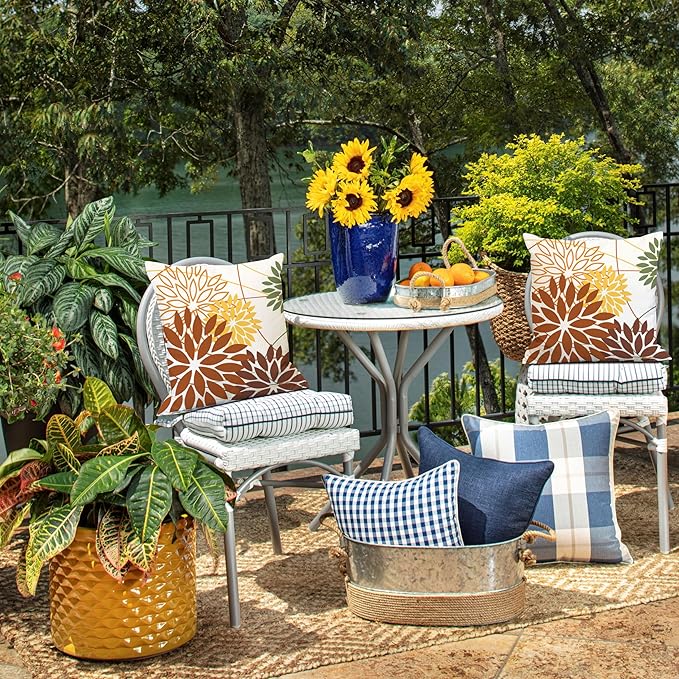 Brown and Yellow Floral Pillow Covers 18x18 Set of 2 Outdoor Waterproof Decorative Throw Pillows Summer Pillow Covers Polyester Cushion Case Decor for Couch Patio Funiture Garden Porch 011E18