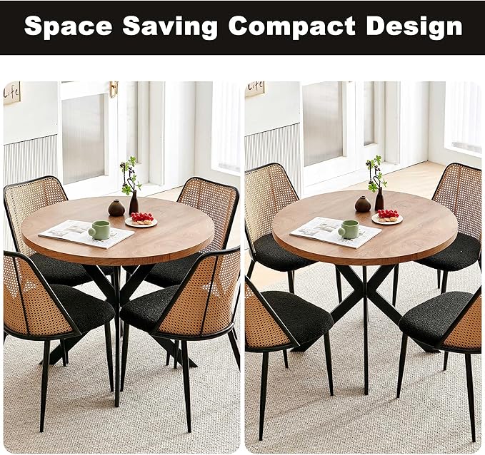 NORDICANA Dining Table Set for 4, Wooden Round Table and Wicker Chairs, 5-Piece Modern Kitchen Dinette Set for Breakfast Nook, Black Boucle Seat