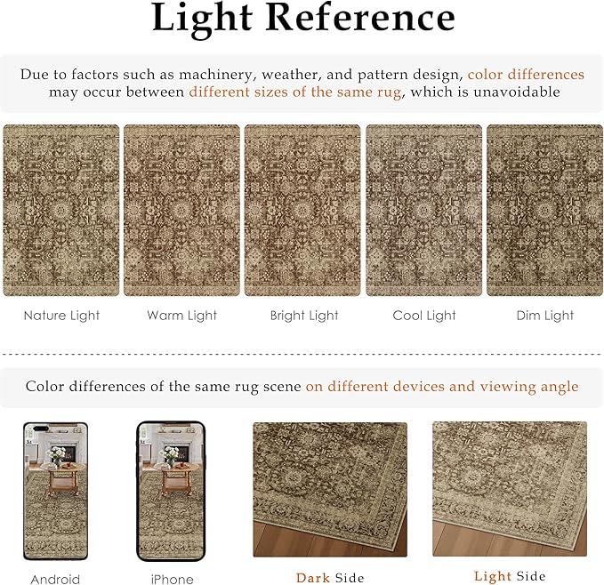 Brown 8x10 Area Rug Non Slip Large Vintage Living Room Distressed Machine Washable Retro Carpet Indoor Bedroom Traditional Floral Accent Throw Rug for Office Kitchen Dorm Dining Room