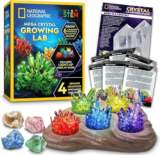 National Geographic Mega Crystal Growing Kit for Kids- Grow 6 Crystals with Light-Up Stand, Science Gifts for Kids 8-12, Crystal Making Experiment, Science Kit for Girls and Boys (Amazon Exclusive)