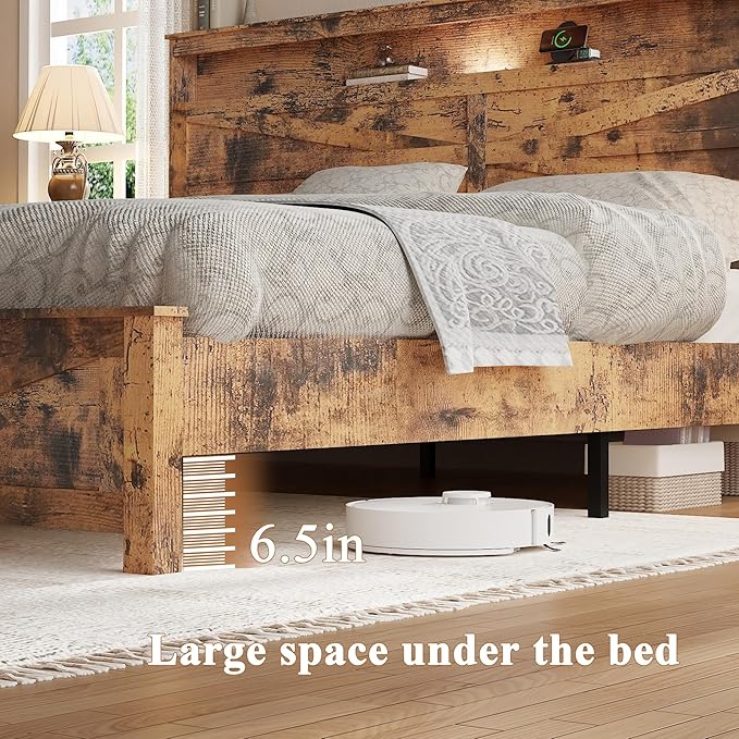Farmhouse Wooden Bed Frame King Size with Storage Headboard, Boho Platform Bedframe with LED Lights and Charging Station, Metal Slats Support, No Box Spring Needed, Brown