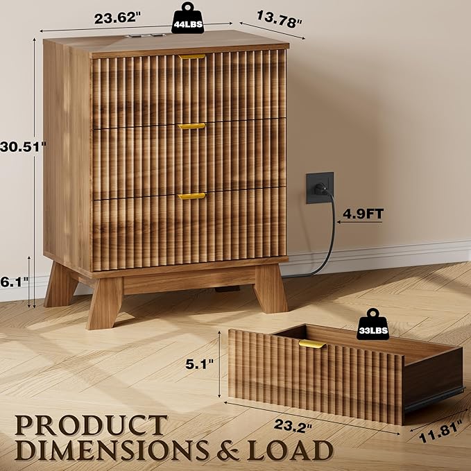 30.5" Nightstand with Charging Station, 3-Drawer Fluted Bedroom Chest, Wood Bedside Dresser with Power Outlets and USB Ports, Stable Base, Modern Storage Cabinet for Small Spaces