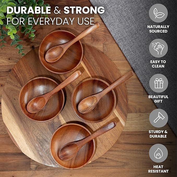 Zulay Kitchen Teak Wood Dipping Bowls with Spoons Set – 8 Piece Wooden Serving Set with 4 Mini Bowls and 4 Small Spoons, Handcrafted Natural Teak Wood, Durable & Smooth Finish