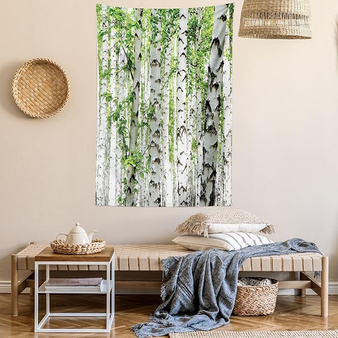 Ambesonne Woodland Tapestry, Birch Trees in The Forest Summertime Wildlife Nature Outdoors Themed Picture, Fabric Wall Hanging Decor for Bedroom Living Room Dorm, 23" X 28", White Green