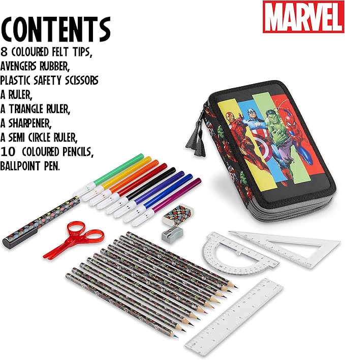 Marvel Boy's Pencil Case, Pencil Case with Compartments Filled School Supplies, Felt, Coloured Pencil, Spiderman Avengers Back to School Gift
