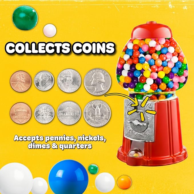 Vintage Gumball Machine - 11-Inch Retro-Style, Coin-Operated Cast Metal Vending Machine with Glass Globe and Free Spin by Great Northern Popcorn (Red)