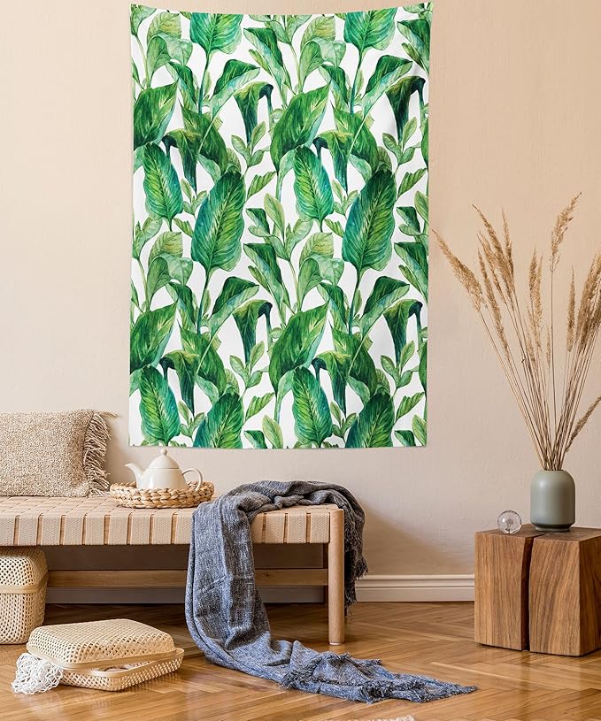 Ambesonne Leaf Tapestry, Romantic Holiday Island Hawaiian Banana Trees Watercolored Image, Fabric Wall Hanging Decor for Bedroom Living Room Dorm, 30" X 45", Forest Green