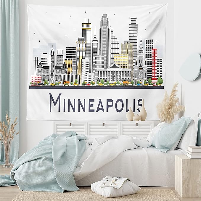 Ambesonne Minnesota Tapestry, Elevation of a Street in Minneapolis Image with High Detailed Facades, Fabric Wall Hanging Decor for Bedroom Living Room Dorm, 23" X 28", White Grey