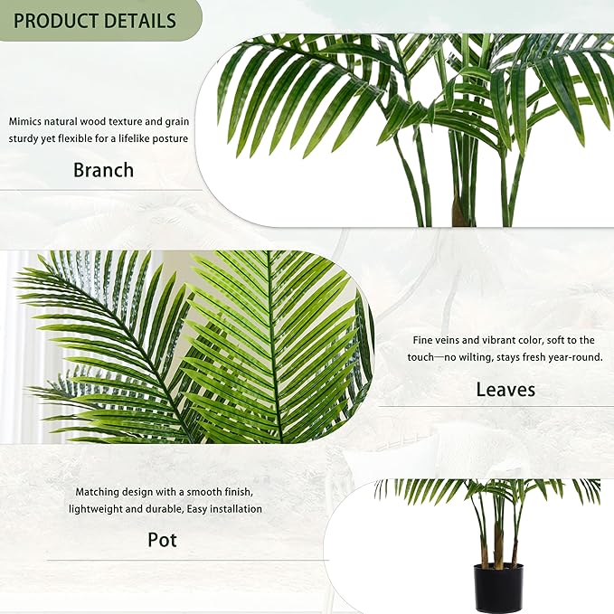 Artificial Palm Tree 7FT Artificial Plants Indoor Tropical Fake Palm Tree Areca Floor Plant in Black Pot with 18 Trunks & Real Bark Design, Faux Palm Plant for Outdoor Patio Home Room Office Decor