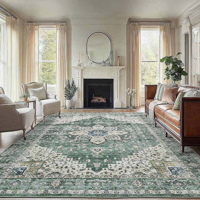 AMADA HOMEFURNISHING 9x12 Area Rug, Washable Low-Profile Large Area Rug with Non-Slip Backing & Durable Edge Binding, Vintage Large Rugs for Living Room, Bedroom
