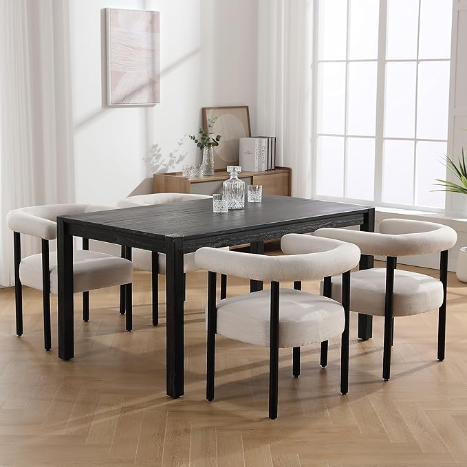 Beige Linen Dining Chairs Set of 4, Modern Upholstered Curved Backrest Kitchen Dining Room Chairs Accent Armchairs with Black Wood Legs