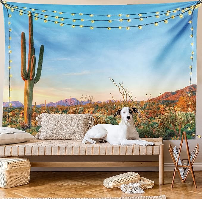 Ambesonne Saguaro Tapestry Queen Size, Sun Goes down in Desert Prickly Pear Cactus Southwest Texas National Park, Wall Hanging Bedspread Bed Cover Wall Decor, 88" X 88", Orange and Blue