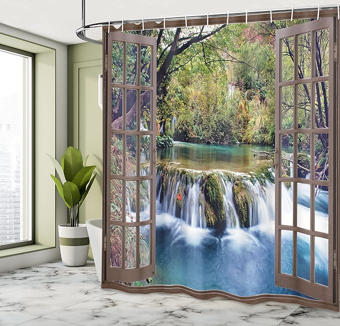 Ambesonne Waterfall Shower Curtain, Wide Waterfall Deep Down in The Forest Seen from a City Window Epic Surreal Print, Cloth Fabric Bathroom Decor Set with Hooks, 69" W x 70" L, Forest Green