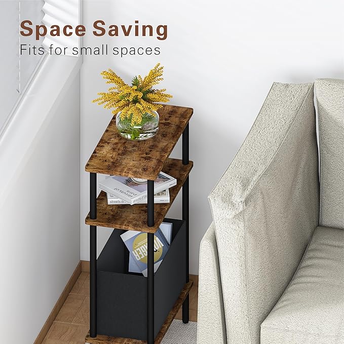 Narrow Side Table with Fabric Basket, Set of 2 End Table for Small Spaces, Slim Nightstand with 3-Tier Storage Shelf, Sofa Beside Table, for Living Room, Bed Room, Rustic Brown