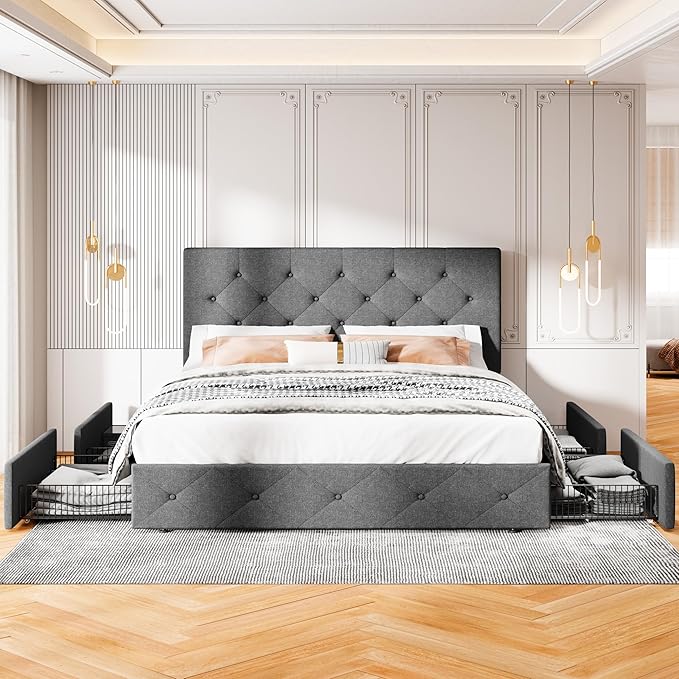 MUTICOR Queen Size Bed Frame with 4 Storage Drawers, Upholstered Platform Bed with Button Tufted Adjustable Headboard, No Box Spring Needed, Easy Assembly, Diamond Tufted, Dark Grey Fabric