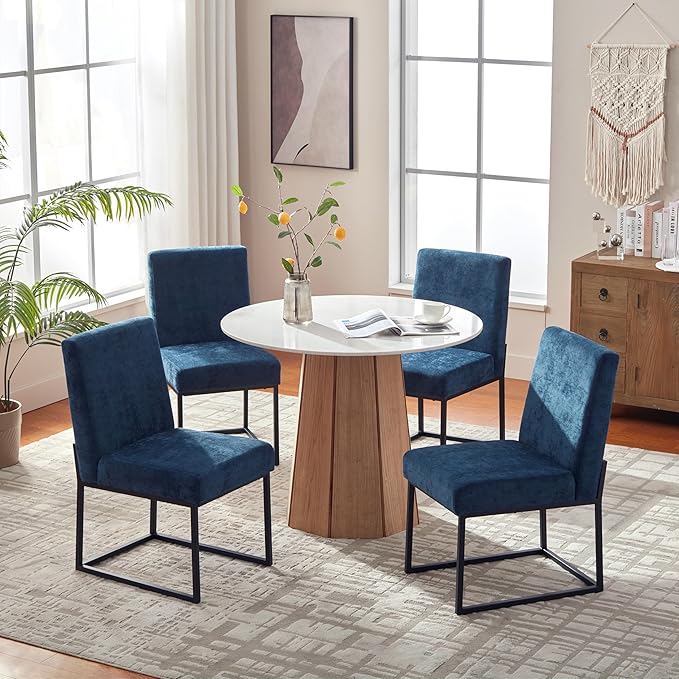 VKNOW Upholstered Dining Chairs Set of 2, Modern Dining Room Chairs, Linen Kitchen Chair Dinner Chair with Black Metal Base for Kitchen Office, Blue-Unstriped
