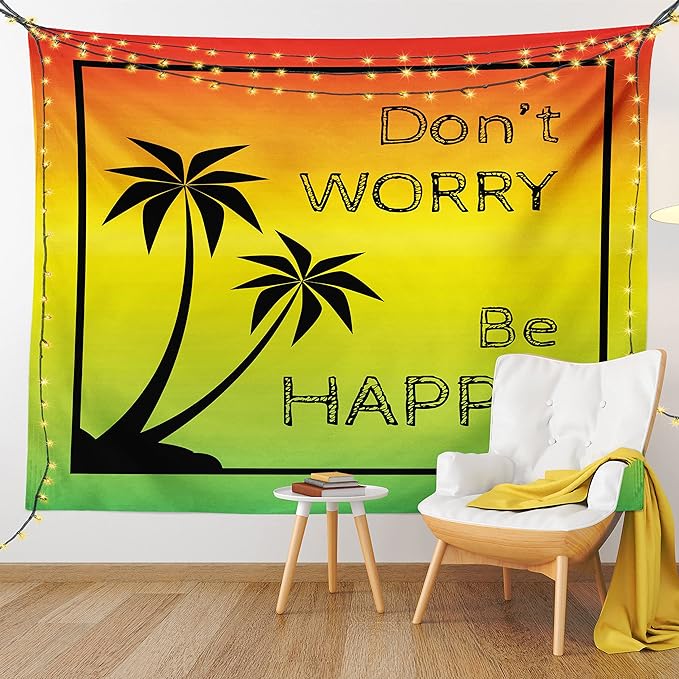 Ambesonne Rasta Tapestry, Dont Worry Be Happy Music Words of Iconic Singer Palms Ombre Colors, Fabric Wall Hanging Decor for Bedroom Living Room Dorm, 23" X 28", Lime Green Yellow Black